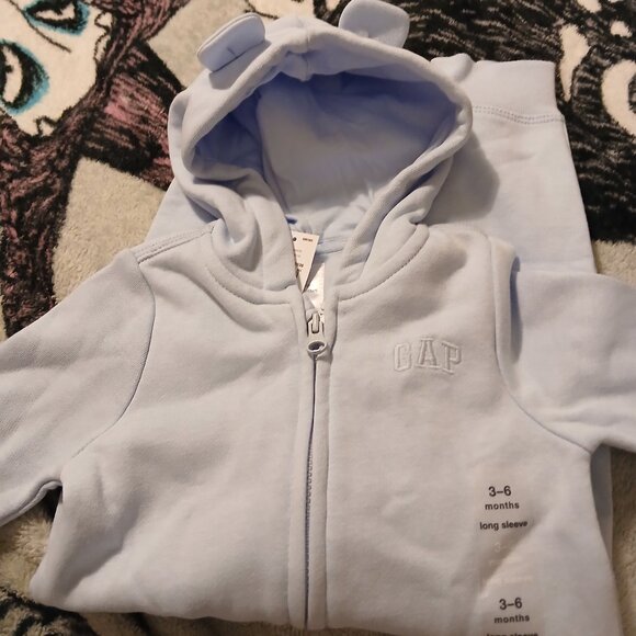 NWT Baby Gap 3 - 6 Month Blue Bear Long Sleeve Hooded Onesie Infant - Picture 2 of 10